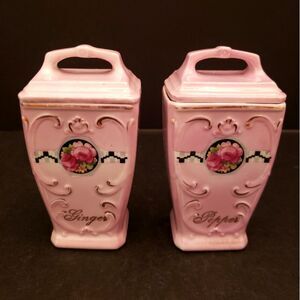 Mepoco Spice Jar Containers Pink Lusterware Pepper Ginger Vintage Germany
